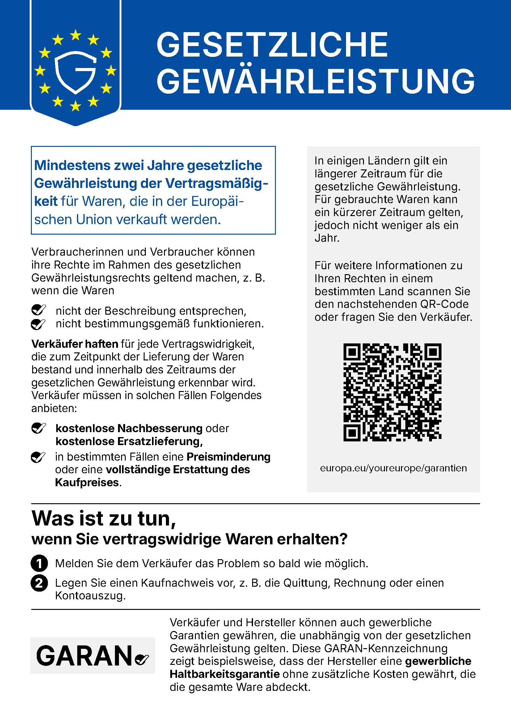 EU-Hinweis: Gesetzliche Gewährleistung – mindestens zwei Jahre gesetzliche Gewährleistung für Waren, die in der EU verkauft werden